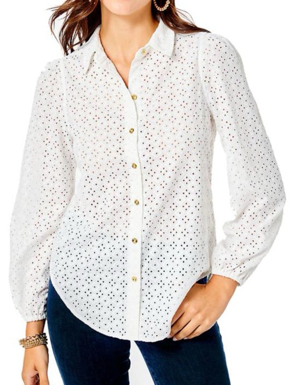 Lilly Pulitzer Sea Breeze Eyelet Button Down Top White Ditzy Diamond Size Medium